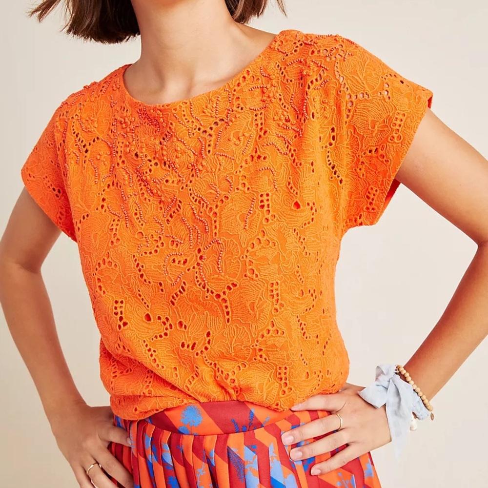 Maeve Karine Beaded Lace Top Short-Sleeve Women’s 0 Orange Embroidered Bohemian